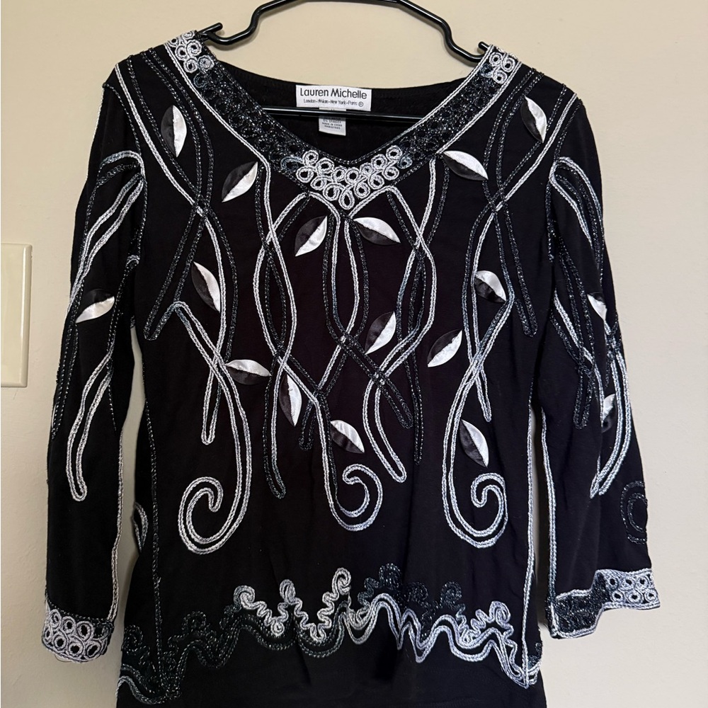 Lauren Michelle Black Top with White Embroidery